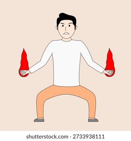 Um homem está segurando duas bolas de fogo vermelhas em suas mãos, olhando com raiva e pronto para lutar. Conceito de agressão e conflito