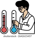 A man is holding two thermometers, one of which is red and the other blue. The man is smiling, and the image conveys a sense of warmth and comfort