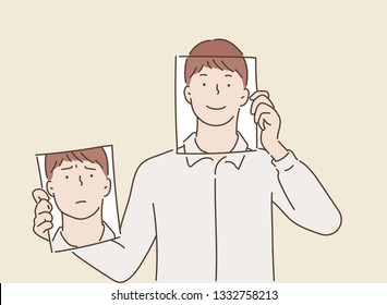 man holding two white photo sheets and different portrait emotions  one hiding half face and angry expression   another and happy  smiling face Hand drawn style vector design illustrations 