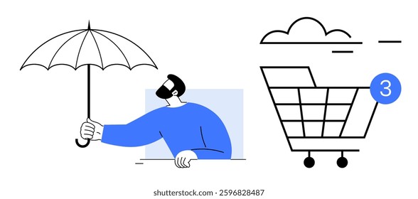 Man holding umbrella beside shopping cart with notification for three cloud products. Ideal for e-commerce, cloud storage, online shopping, digital marketing, product notifications, customer service