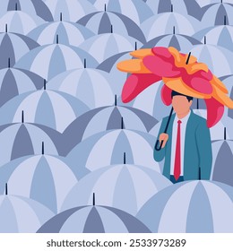 A man holding an umbrella of colorful flowers among gray umbrellas. Illustration to be optimistic, cheerful, positive and happy.