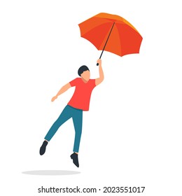 Mann, der einen Schirm hält, mit Regenschirm fliegen.