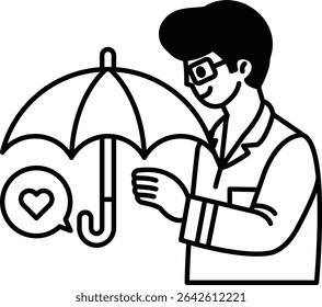 A man holding an umbrella with a heart on it. The umbrella is open and the man is smiling