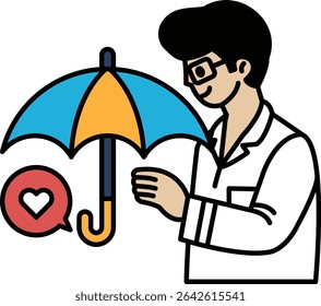 A man holding an umbrella with a heart on it. The umbrella is blue and yellow. The man is smiling