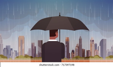 Man Holding Umbrella Look At Storm In City Huge Rain Background Hurricane Tornado In Town Natural Disaster Concept Vector Illustration