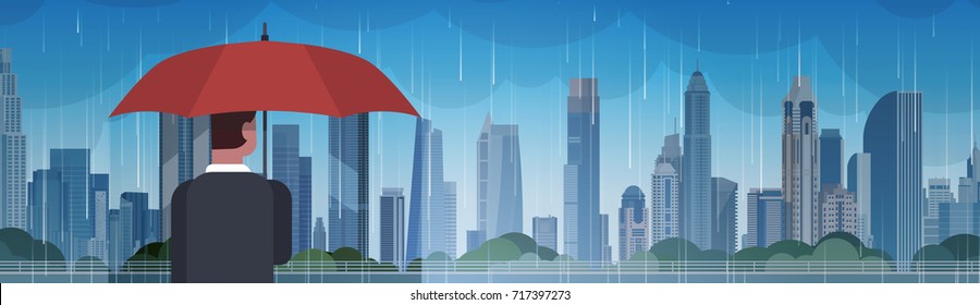 Man Holding Umbrella Look At Storm In City Huge Rain Background Hurricane Tornado In Town Natural Disaster Concept Vector Illustration