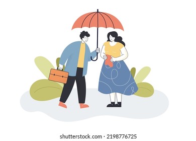 Man Holding Umbrella Over Crying Woman. Support And Care From Male To Female Character Flat Vector Illustration. Psychology, Stress, Emotion Concept For Banner, Website Design Or Landing Web Page