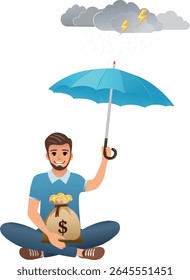 Man holding umbrella over money bag while sitting under storm clouds. Concept of financial protection, wealth security, investment safety, and personal finance risk management.