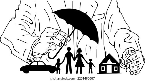 Man holding an umbrella protecting a family, a house and a car, Insurance logo, insurance man sketch drawing vector illustration