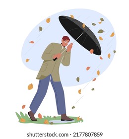 Man Holding Umbrella Protecting from Rain, Wind and Falling Leaves. Male Character Fighting with Thunderstorm, Windy Cold Autumn Weather, Extremely Strong Blowing Wind. Cartoon Vector Illustration