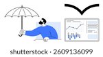 Man holding an umbrella shielding a digital screen displaying graphs and charts from a falling arrow. Ideal for finance, insurance, risk management, stock market, business strategy, investment