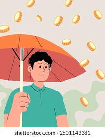 A man holding an umbrella shields himself from a rain of golden coins symbolizing financial protection