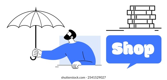 Hombre sosteniendo un paraguas, una pila de libros y una burbuja de discurso que contiene la palabra Tienda. Ideal para compras en línea, protección, comercio electrónico, mercado digital, educación y temas de venta minorista. Sencillo