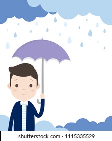 Man is holding an umbrella and standing in the rain. With Cloudy and Rainy Background.