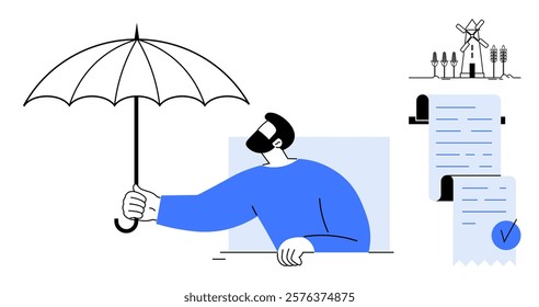 A man holding an umbrella, symbolizing protection. Background includes legal documents and windmills. Ideal for legal security insurance contracts renewable energy protection finance simplicity