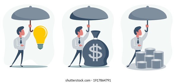 Man holding umbrella under rain to protect money. money protection, financial savings concpet. Vector illustration in flat style