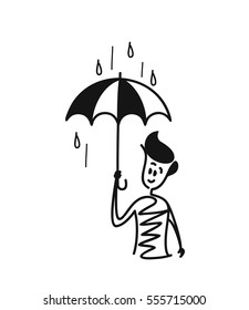 Man holding umbrella under the rain drop, Cartoon Hand Drawn Sketch Vector illustration. 