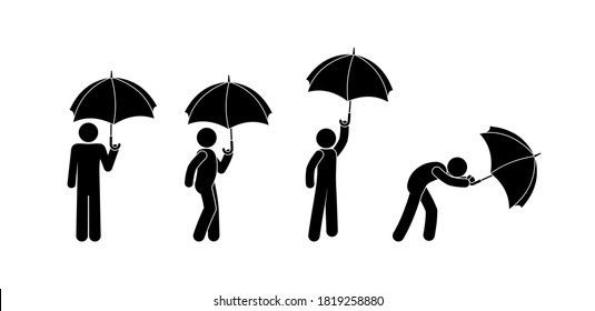hombre sosteniendo un paraguas, poses de varios personajes, icono del hombre de la figura del palo