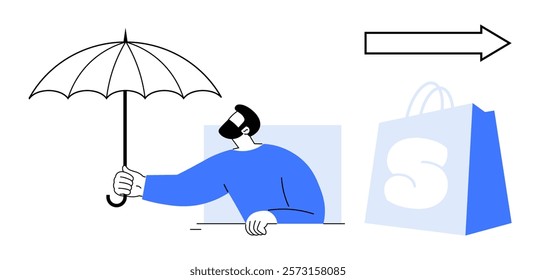 Man holding umbrella while looking ahead with shopping bag and arrow pointing right. Ideal for protection in shopping, direction, guidance, sales, and e-commerce. Simple vector style in blue