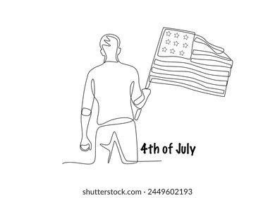 Man holding united states flag .4th of july concept one-line drawing