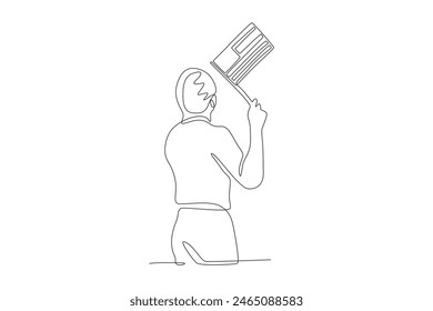 Man holding a United States flag facing back. 4th of july concept one-line drawing