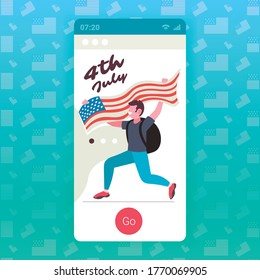man holding usa flag 4th of july american independence day celebration concept smartphone screen mobile app portrait vector illustration