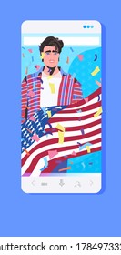 man holding usa flag 4th of july american independence day celebration concept smartphone screen mobile app portrait vector illustration