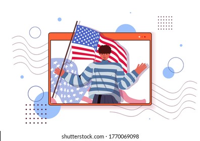 man holding usa flag celebrating 4th of july american independence day concept web browser window portrait horizontal vector illustration