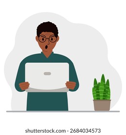 Un hombre sostiene o usa una computadora portátil. Concepto de tecnología de computadora portátil. Ilustración plana de Vector.