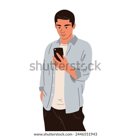A man is holding, using a mobile phone. A guy with a smartphone in his hands. A man uses a mobile phone, browses the Internet, chats. Flat graphic vector illustration isolated on white background
