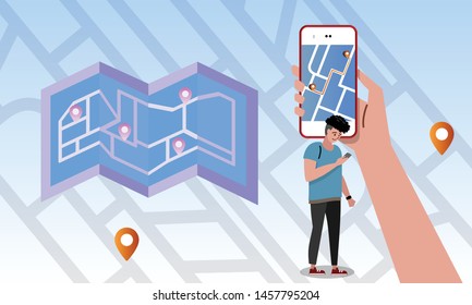 Man holding and using smart phone with app navigation map. Map pointer icon. GPS location symbol. Finding the way concept design. Vector illustration.