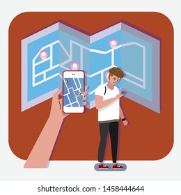 Man holding and using smart phone with app navigation map. Map pointer icon. GPS location symbol. Finding the way concept design. Vector illustration.