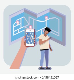 Man holding and using smart phone with app navigation map. Map pointer icon. GPS location symbol. Finding the way concept design. Vector illustration.