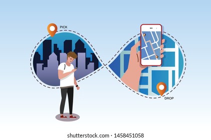 Man holding and using smart phone with taxi application on display. Booking taxi online concept design. Vector illustration.