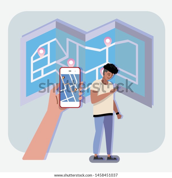 Man holding and using smart phone with app\
navigation map. Map pointer icon. GPS location symbol. Finding the\
way concept design. Vector\
illustration.