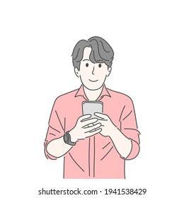 Man holding and using smartphone. Hand drawn character vector style.