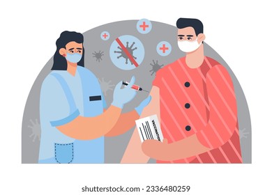 Man holding vaccination card and standing near nurse. Vaccination of adult patients. Vaccination and virus protection concept. Flat vector illustration in blue and red colors