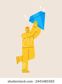 Man holding a valuable diamond. Finding yourself searching for self value success. Colorful vector illustration
