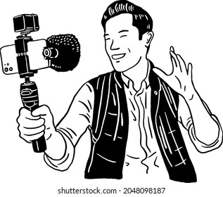 Man holding Video camera Content creator production Hand drawn line art illustration