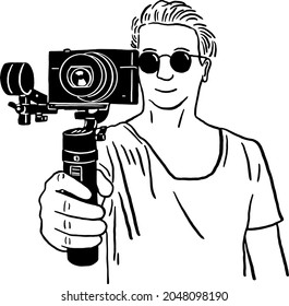 Man holding Video camera Content creator production Hand drawn line art illustration