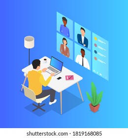 A man is holding a video conference with his colleagues. Remote work, communication via the Internet. Isometric vector illustration.