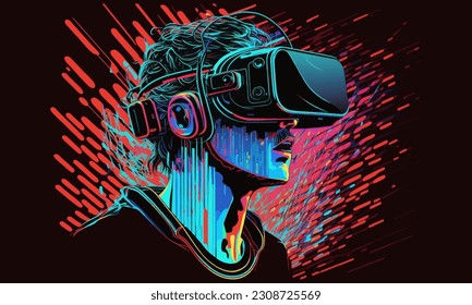 Man holding virtual reality glasses surrounded. Vector illustration