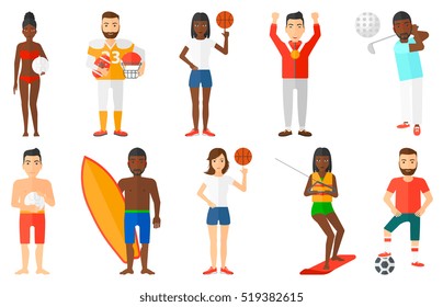 Man holding volleyball ball in hand. Beach volleyball player standing with volleyball ball. Woman spinning basketball ball on finger. Set of vector flat design illustrations isolated on background.