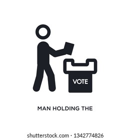 man holding the vote paper on the box isolated icon. simple element illustration from political concept icons. man holding the vote paper on box editable logo sign symbol design on white background.