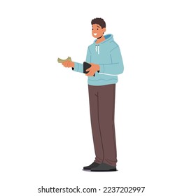 Man Holding Wallet and Banknotes in Hands Isolated on White Background. Young Male Character Paying, Buying Goods or Giving Money to Somebody Financial Concept. Cartoon People Vector Illustration