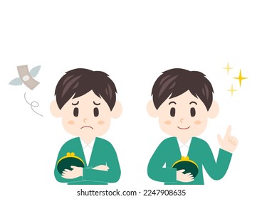 Man holding a wallet. Vector illustration. Set of man who is worried about money and smiling man. 