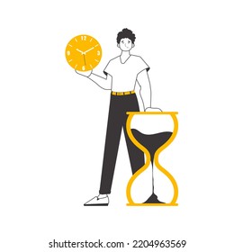 The man is holding a watch. Time management concept. Minimalistic linear style. Isolated. Vector illustration.