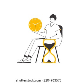 The man is holding a watch. Time management concept. Modern linear style. Isolated. Vector illustration.