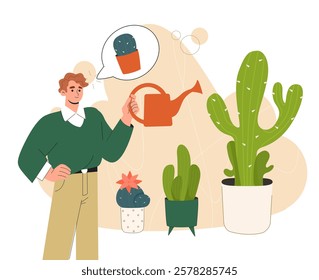 A man holding a watering can and thinking of cacti in pots, surrounded by various potted plants on a beige abstract background. Concept of gardening. Vector illustration