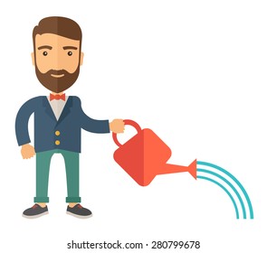 A man holding a watering can with water. A Contemporary style. Vector flat design illustration isolated white background. Square layout.